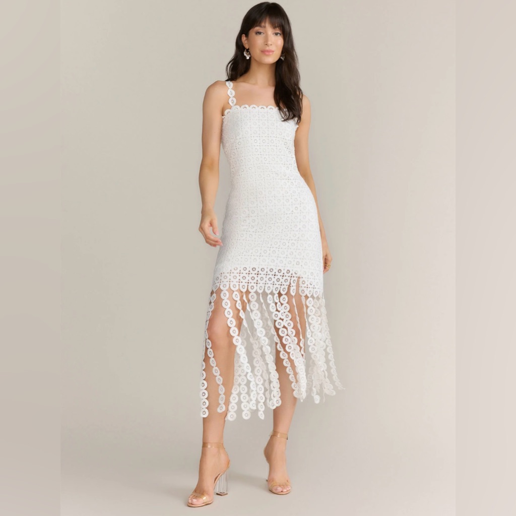 New York & Company White Crochet Fringe Midi Dress